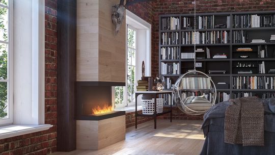 Nowoczesny kominek w oprawie z cegły, drewna, gliny
