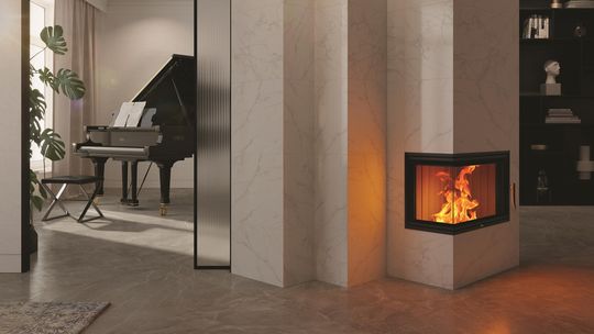 kominek narożny w zabudowie ze spieków kwarcowych w nowoczesnym i eleganckim wnętrzu