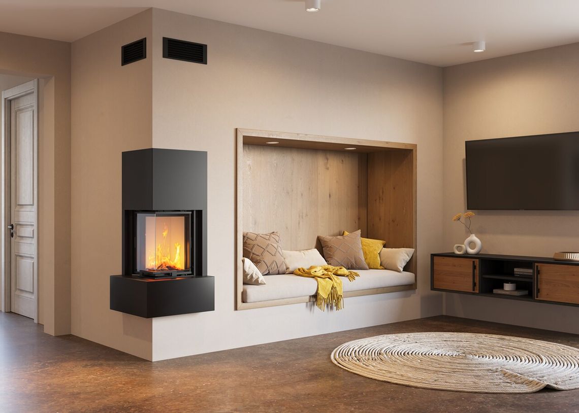 narożny kominek z filtrem elektrostatycznym cząstek stałych