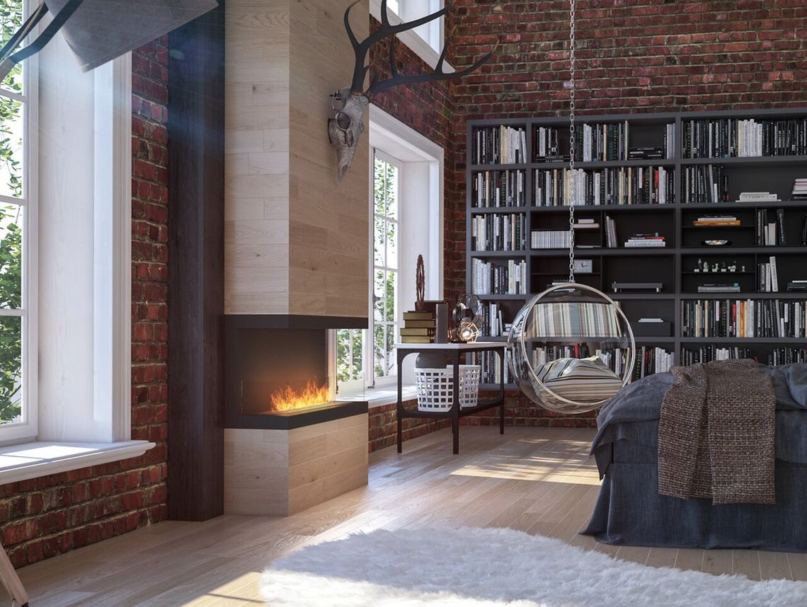 Nowoczesny kominek w oprawie z cegły, drewna, gliny
