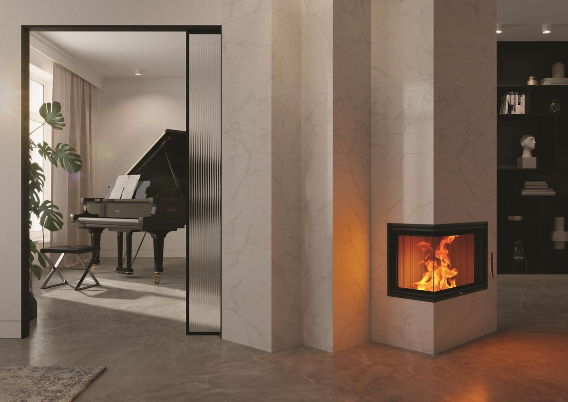 kominek narożny w zabudowie ze spieków kwarcowych w nowoczesnym i eleganckim wnętrzu