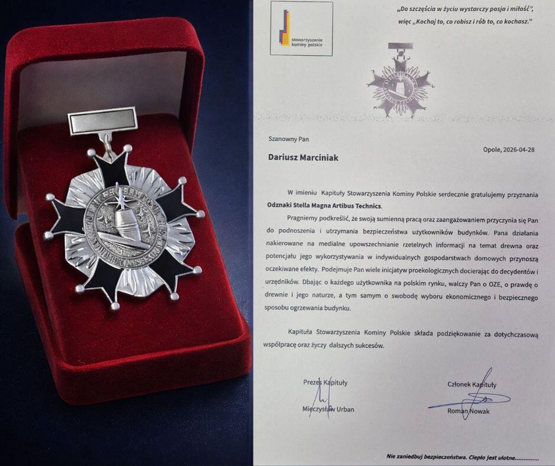 Wyróżnienie dla Dariusza Marciniaka od Stowarzyszenia Kominy Polskie