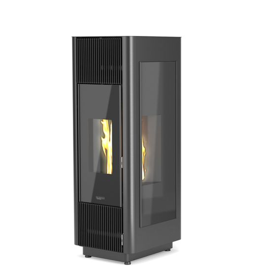 Phenix Air firmy LaminoxBlack, powietrzny piec na pellet z naturalnym ciągiem. Nie wymaga żadnego wsparcia elektrycznego ani elektronicznego.