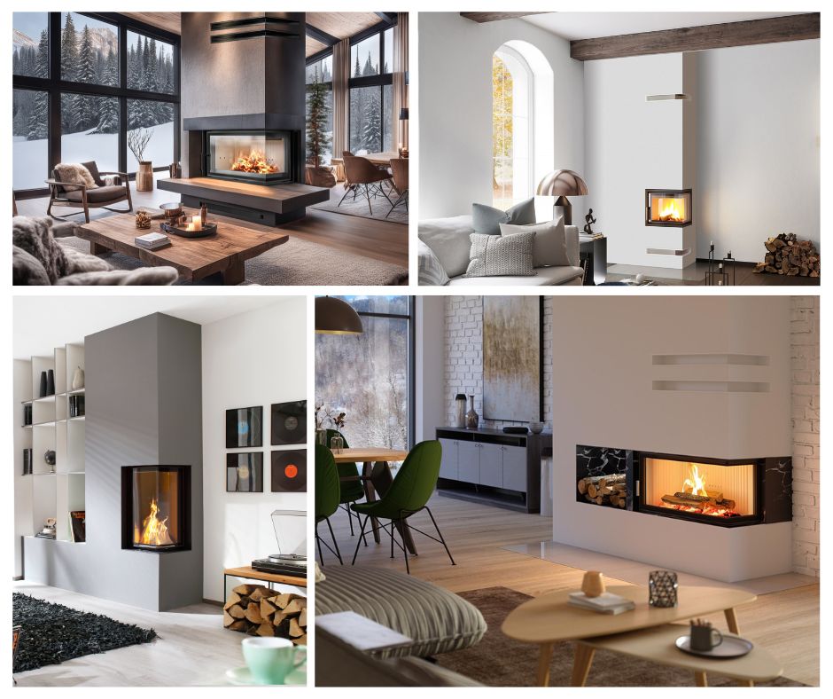 kominek narożny w aranżacji wnętrz, różne formaty kominków z szybą narożną