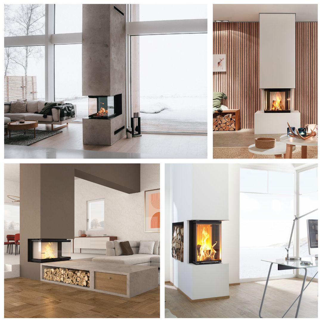 kominek trójstronny aranżacja wnętrz, rodzaje trójstronnych wkładów kominkowych