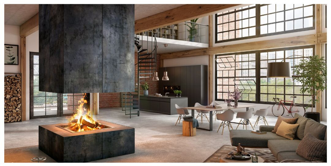 kominek wyspowy aranżacja przestronnego wnętrza