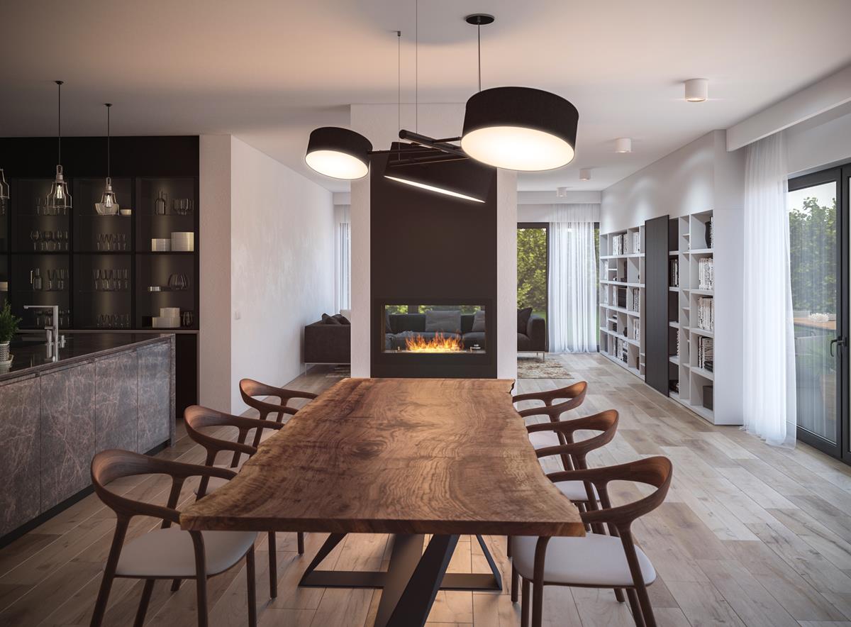 tunelowy biokominek pomiędzy salonem a jadalnią, palenisko na wysokości wzroku