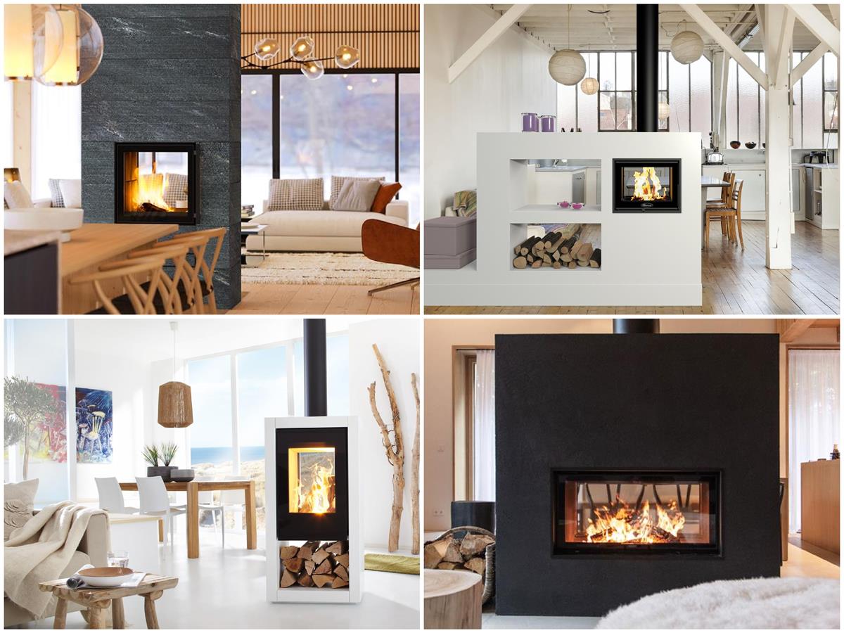 kominek dwustronny na drewno aranżacja w salonie minimalistyczna i nowoczesna w bieli szarości i czerni