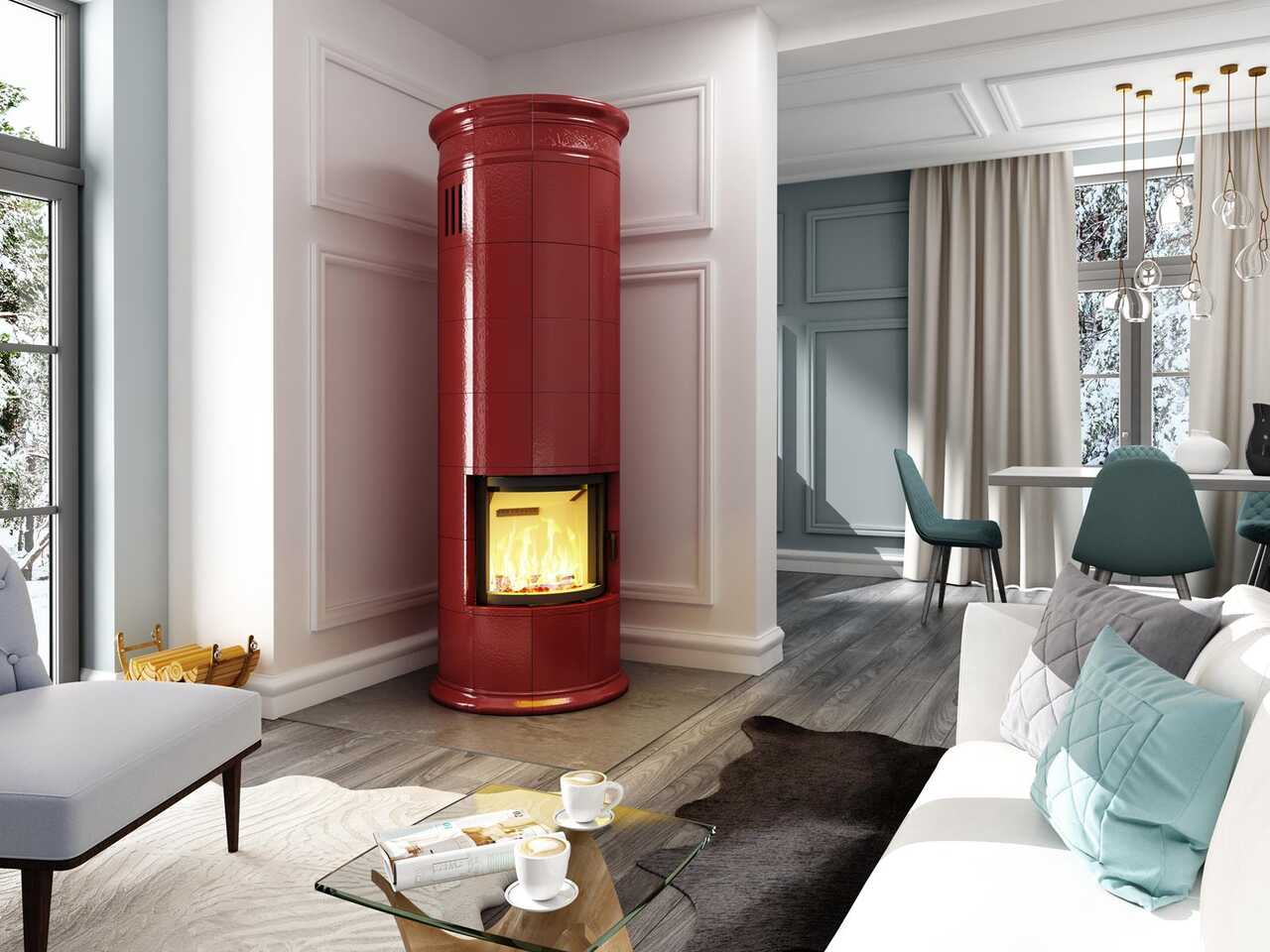piec kaflowy w nowoczesnym wnętrzu