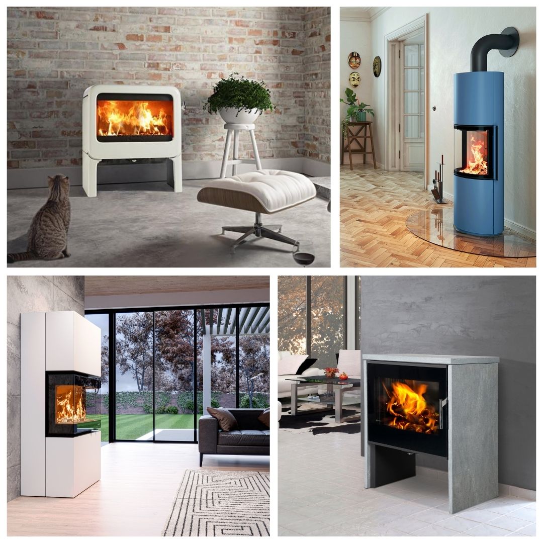 nowoczesny piecyk na drewno z dużą szybą