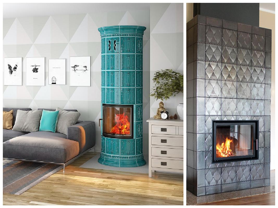 turkusowy cylindryczny kominek kaflowy